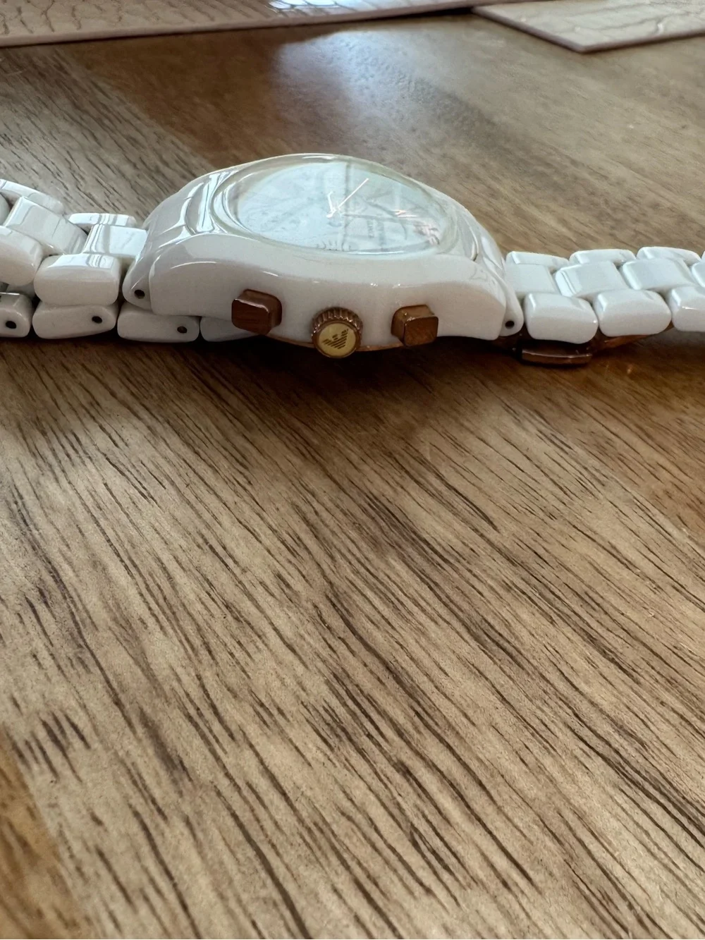 Emporio Armani White Ceramic Chronograph Watch with Rose Gold Markers